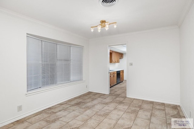 unfurnished room featuring crown molding and a chandelier