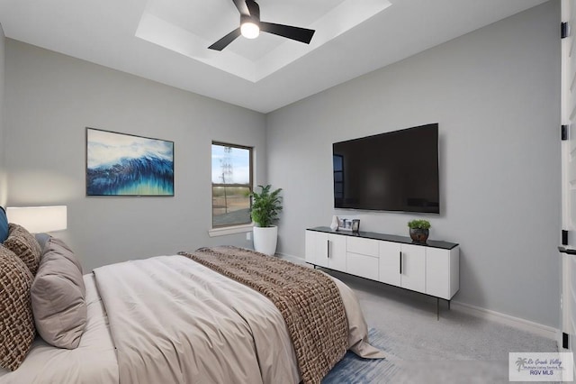 2009 New Combes Rd, Harlingen, TX 78550 - bedroom with a tray ceiling, light colored carpet, baseboards, and ceiling fan