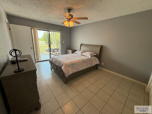 2100 W San Marcelo Blvd Unit 216, Brownsville, TX 78526 - bedroom featuring access to exterior, a textured ceiling, light tile patterned floors, a ceiling fan, and baseboards
