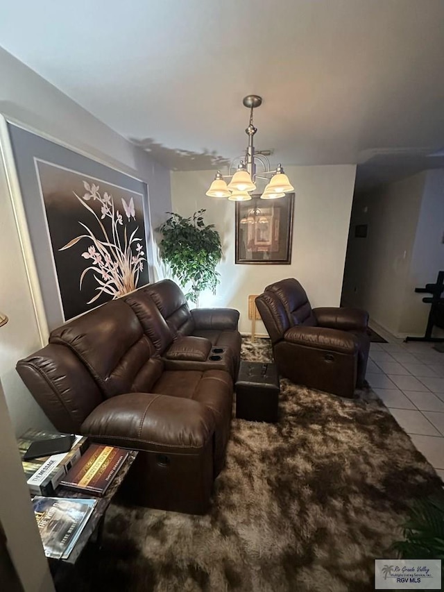 tiled living room featuring an inviting chandelier