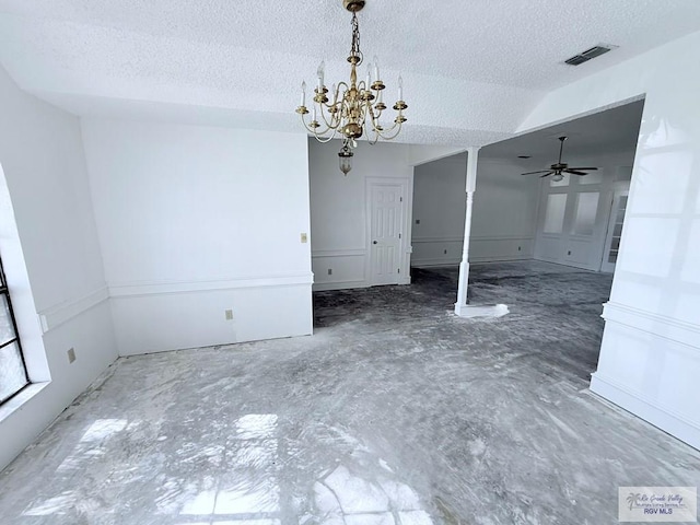 unfurnished dining area with a textured ceiling, lofted ceiling, and ceiling fan with notable chandelier