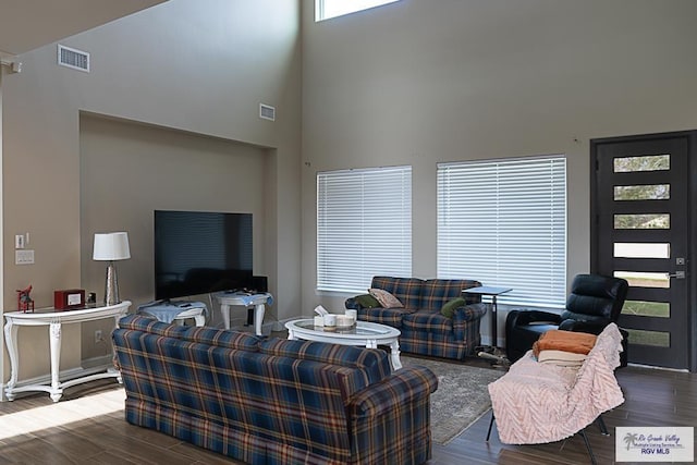 living room featuring hardwood / wood-style flooring and a towering ceiling