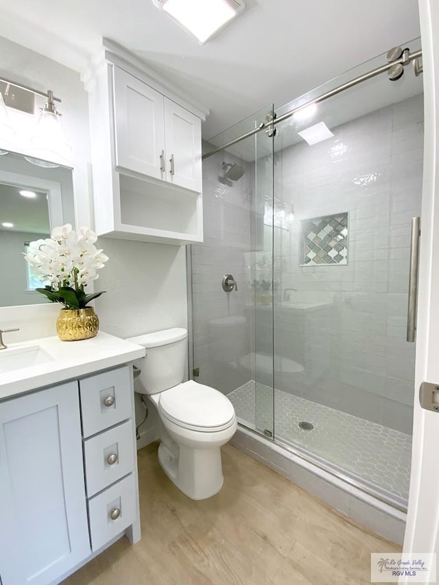 bathroom with toilet, a shower stall, wood finished floors, and vanity