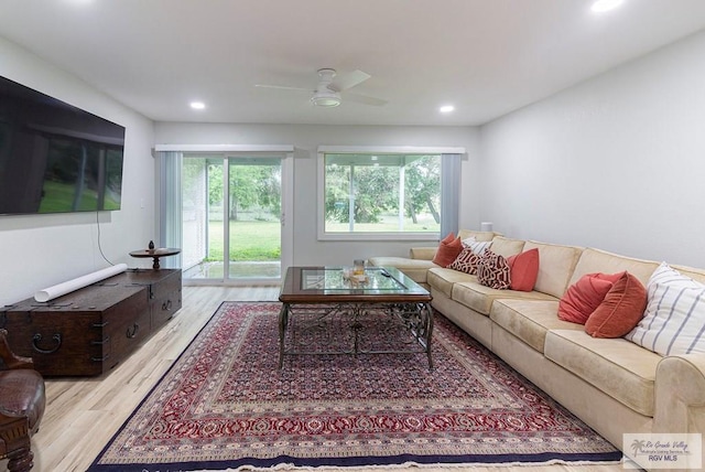 living room with light hardwood / wood-style flooring and ceiling fan