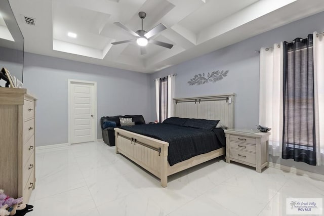 9129 Lake Charles Dr, Los Fresnos, TX 78566 - bedroom with coffered ceiling, light marble finish flooring, and a ceiling fan
