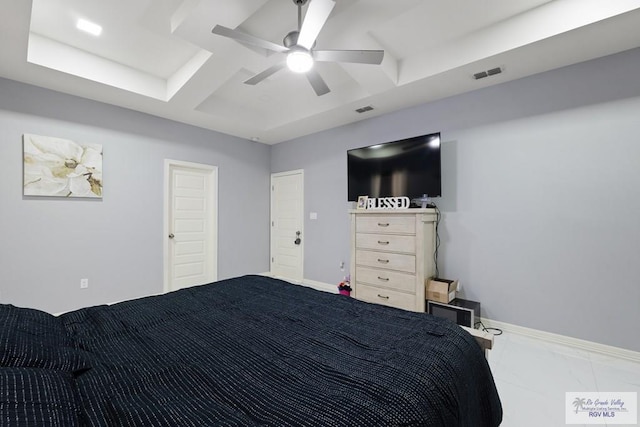 9129 Lake Charles Dr, Los Fresnos, TX 78566 - bedroom with coffered ceiling, ceiling fan, beamed ceiling, and marble finish flooring