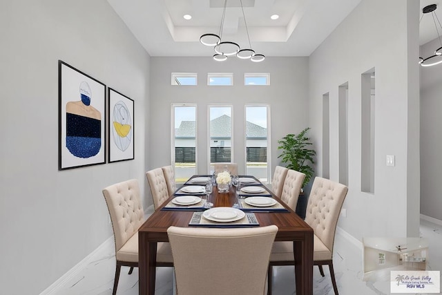 dining space with a raised ceiling