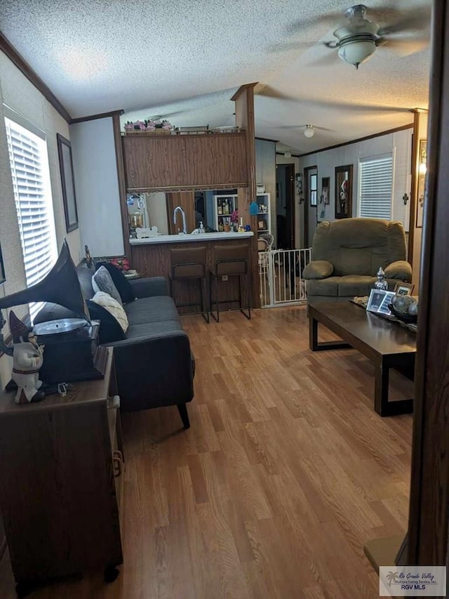 living room with hardwood / wood-style floors, ceiling fan, a textured ceiling, and vaulted ceiling