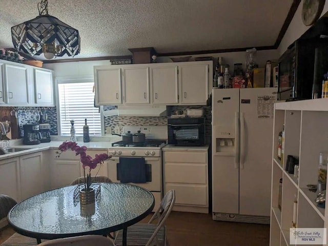 kitchen featuring sink, backsplash, a textured ceiling, white appliances, and white cabinets