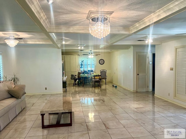 501 W Palm Valley Dr, Harlingen, TX 78552 - living room with crown molding, ceiling fan with notable chandelier, beamed ceiling, baseboards, and coffered ceiling