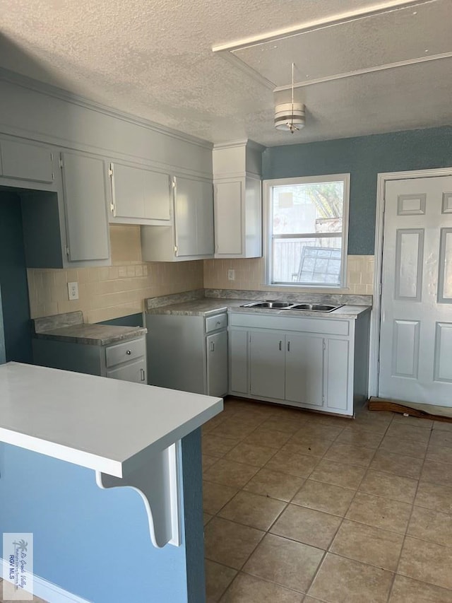 kitchen with a sink, light countertops, and backsplash