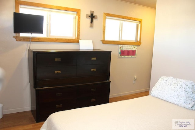 bedroom with hardwood / wood-style flooring and multiple windows