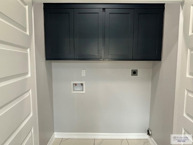 laundry area with baseboards, cabinet space, electric dryer hookup, washer hookup, and marble finish floor