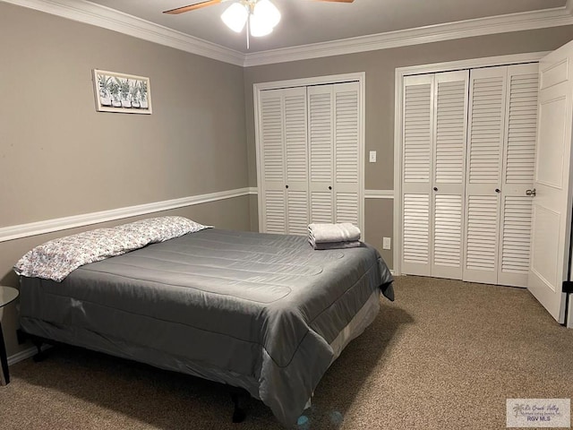 carpeted bedroom featuring crown molding, ceiling fan, and multiple closets