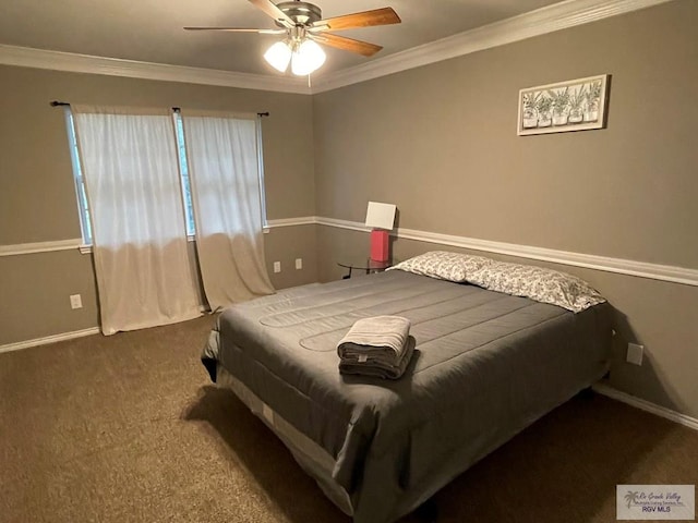 bedroom featuring ornamental molding, carpet, ceiling fan, and baseboards