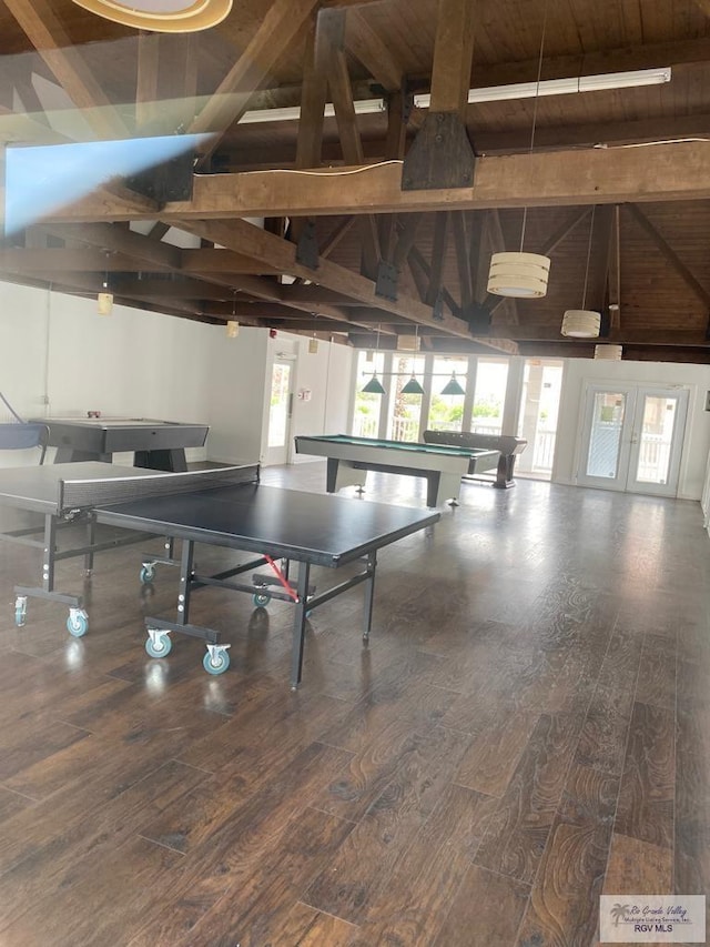 rec room with wooden ceiling, beamed ceiling, wood-type flooring, and billiards