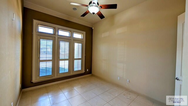 5805 Acacia, Harlingen, TX 78552 - unfurnished room with ornamental molding, baseboards, light tile patterned floors, and ceiling fan