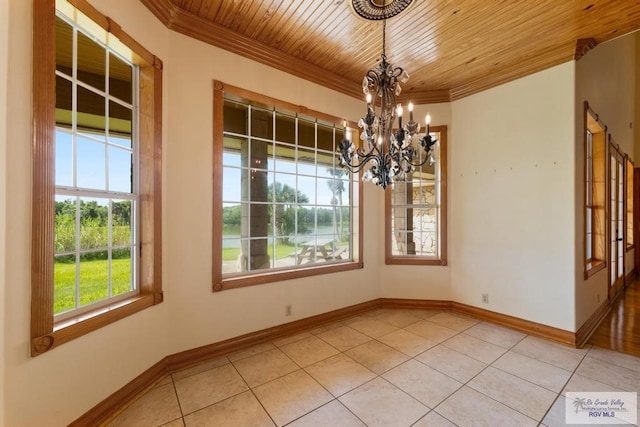 unfurnished dining area with wooden ceiling, crown molding, light tile patterned floors, and a chandelier