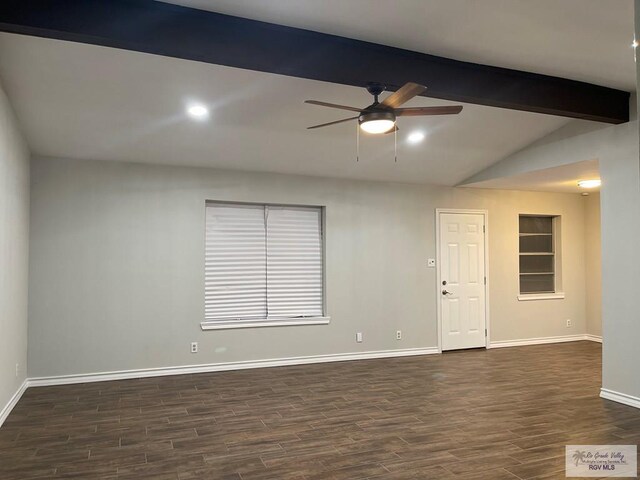 917 S Houston Dr, Harlingen, TX 78550 - empty room with baseboards, dark wood finished floors, lofted ceiling with beams, recessed lighting, and a ceiling fan