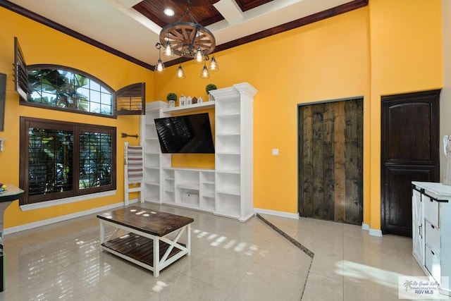 living room featuring beam ceiling, a chandelier, crown molding, coffered ceiling, and light tile patterned floors