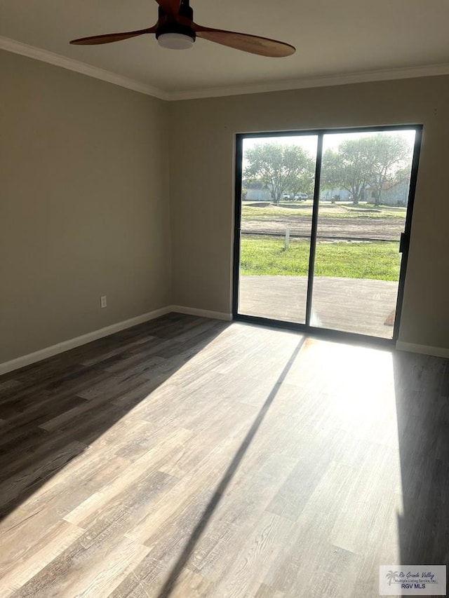 empty room with crown molding, ceiling fan, and hardwood / wood-style flooring