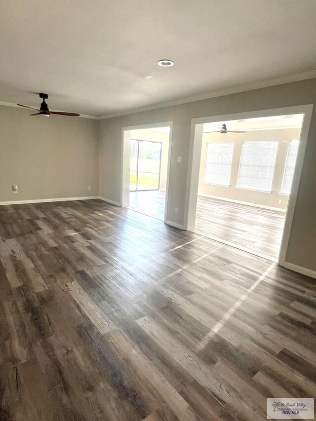 spare room featuring crown molding, ceiling fan, and dark wood-type flooring