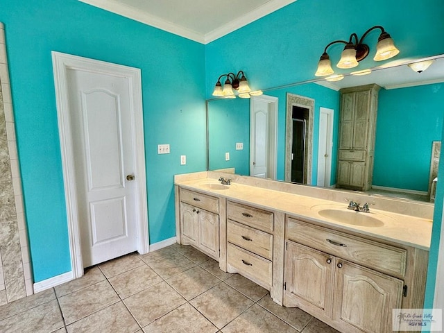 bathroom featuring tile patterned flooring, vanity, and ornamental molding