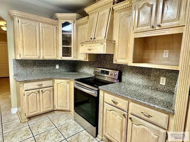 kitchen with electric range, light brown cabinets, decorative backsplash, light tile patterned flooring, and ornamental molding