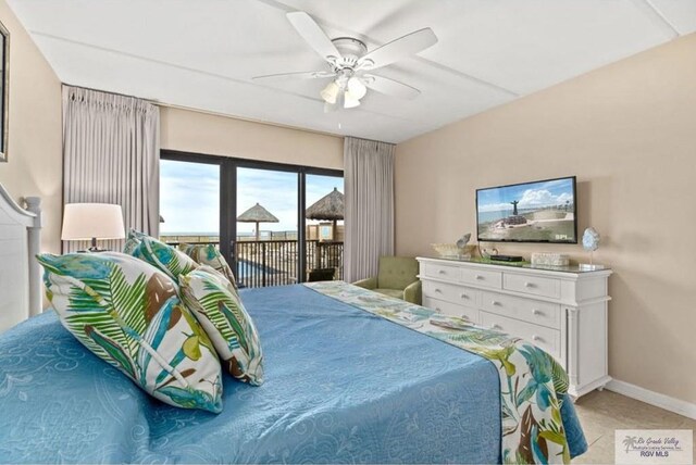 bedroom with access to exterior and ceiling fan