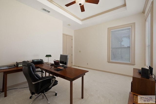 5713 Spicewood, Harlingen, TX 78552 - office space featuring a tray ceiling, ceiling fan, light carpet, and baseboards