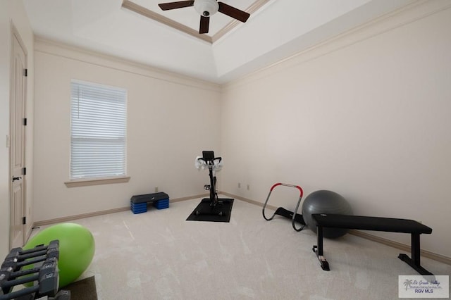 5713 Spicewood, Harlingen, TX 78552 - workout room featuring a raised ceiling, carpet flooring, a ceiling fan, baseboards, and crown molding