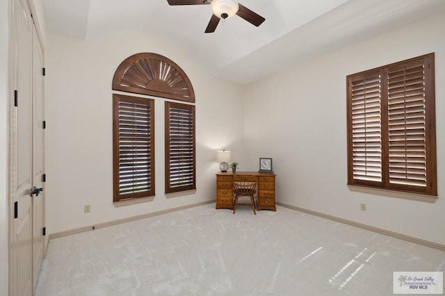 5713 Spicewood, Harlingen, TX 78552 - spare room with lofted ceiling, carpet, a ceiling fan, and baseboards