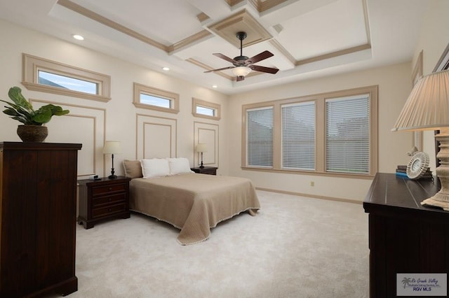 5713 Spicewood, Harlingen, TX 78552 - bedroom with light carpet, coffered ceiling, recessed lighting, beam ceiling, and baseboards
