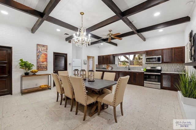 dining space featuring brick wall, coffered ceiling, beamed ceiling, and light floors