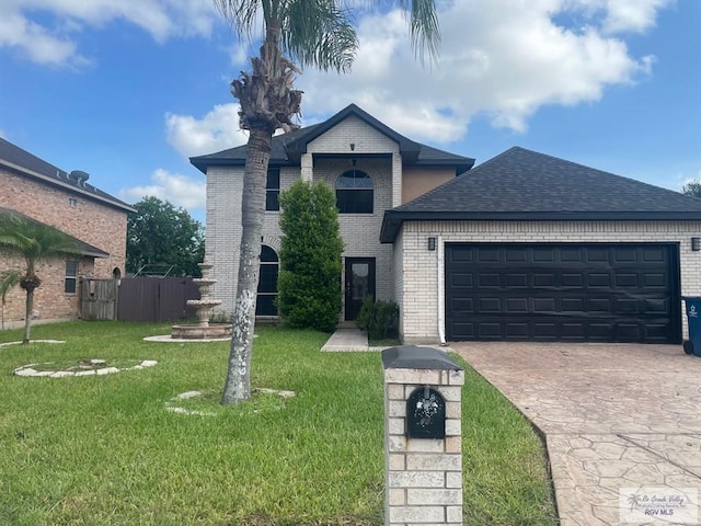2776 Fleet St, Brownsville, TX 78521 - view of front of house with brick siding, a garage, driveway, and a shingled roof