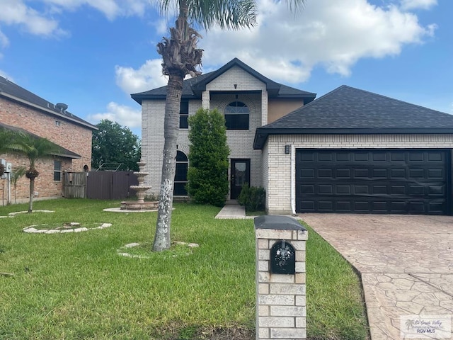 2776 Fleet St, Brownsville, TX 78521 - view of front of home with brick siding, an attached garage, driveway, and a shingled roof
