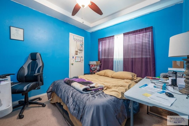 carpeted bedroom with a raised ceiling and ceiling fan