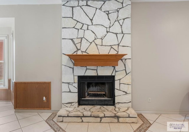 details featuring a stone fireplace