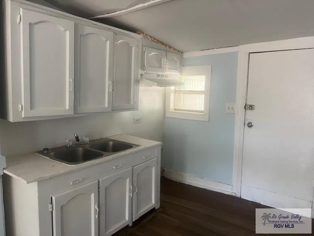 1151 S Texas, Mercedes, TX 78570 - kitchen featuring dark wood-style floors, a sink, light countertops, under cabinet range hood, and white cabinetry