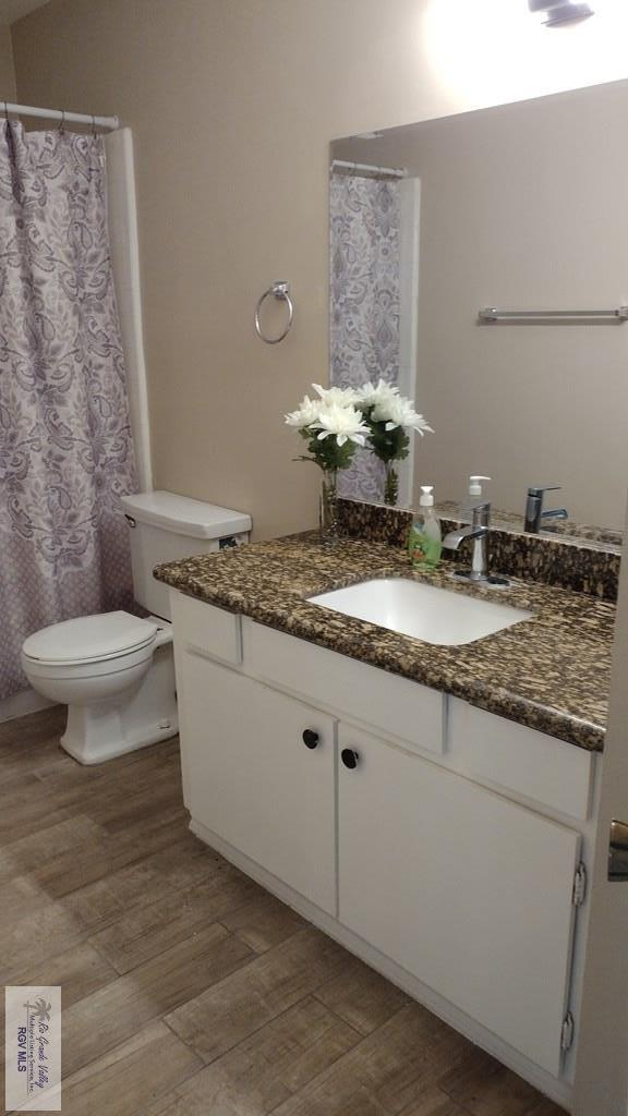 bathroom featuring vanity, hardwood / wood-style flooring, and toilet