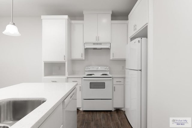 kitchen featuring pendant lighting, white cabinetry, white appliances, and dark wood-type flooring