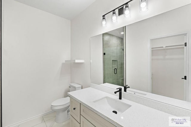 bathroom with tile patterned flooring, vanity, an enclosed shower, and toilet