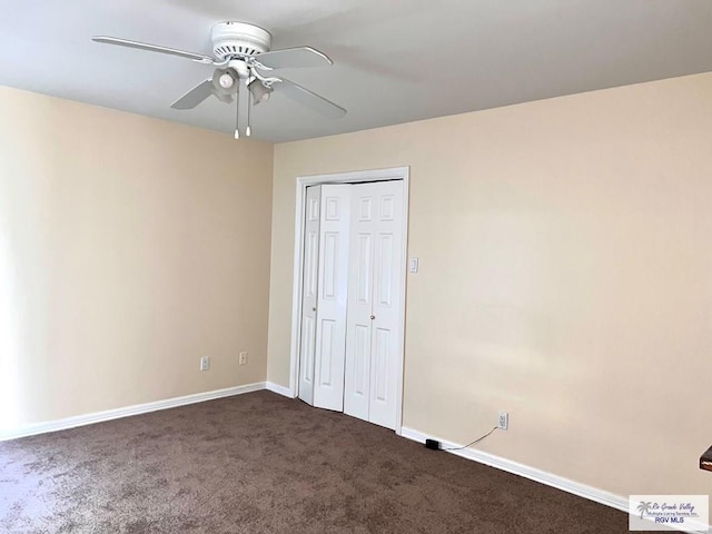 144 Country Club Rd Unit 1, Brownsville, TX 78520 - unfurnished bedroom with a closet, baseboards, dark colored carpet, and ceiling fan