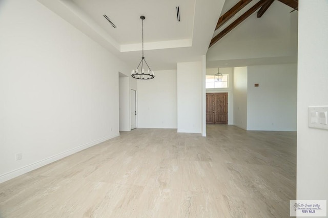 unfurnished room featuring beam ceiling, a chandelier, high vaulted ceiling, and wood-type flooring