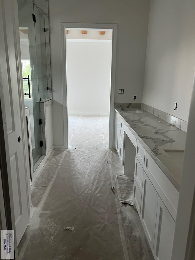 bathroom with vanity and walk in shower