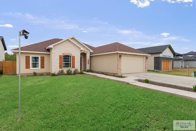 ranch-style home with a garage, brick siding, fence, concrete driveway, and a front yard