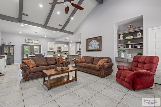 34164 Quail Dr, San Benito, TX 78586 - living room featuring high vaulted ceiling, ceiling fan, beam ceiling, light tile patterned floors, and recessed lighting