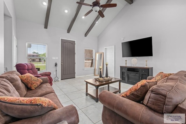 34164 Quail Dr, San Benito, TX 78586 - living area with a ceiling fan, beam ceiling, high vaulted ceiling, recessed lighting, and baseboards