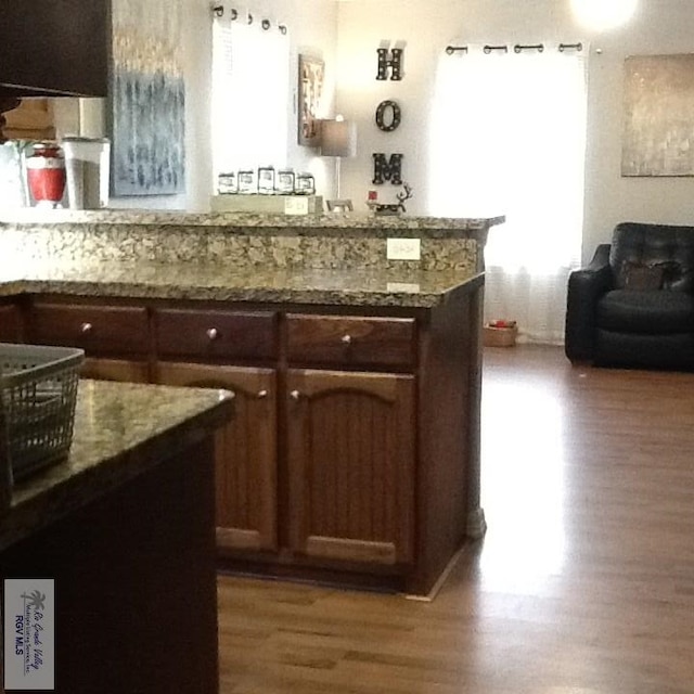 kitchen with dark hardwood / wood-style flooring and dark brown cabinets