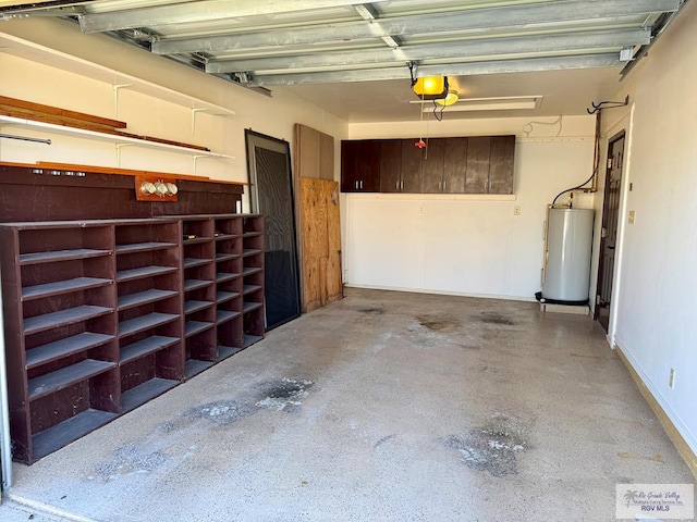 garage featuring a garage door opener and water heater